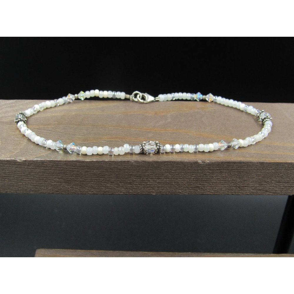 10" Sterling Silver Clear Crystal And Beaded Cross Ankle Bracelet Vintage